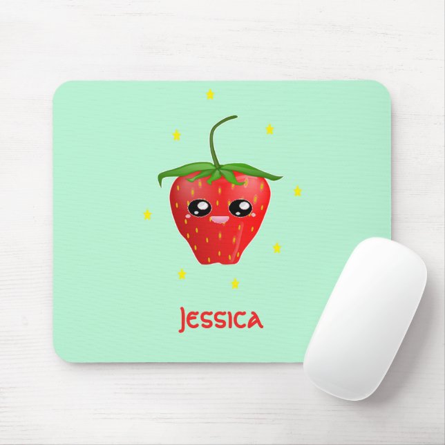 Monogram kawaii strawberry fruit on turquoise mouse mat (With Mouse)