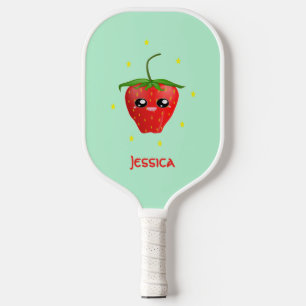 Monogram kawaii strawberry fruit on turquoise pickleball paddle