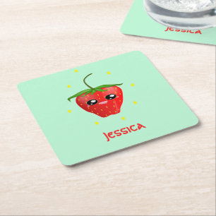Monogram kawaii strawberry fruit on turquoise square paper coaster