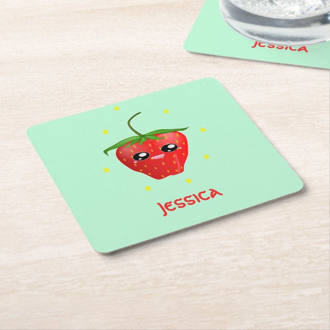 Monogram kawaii strawberry fruit on turquoise square paper coaster (Angled)