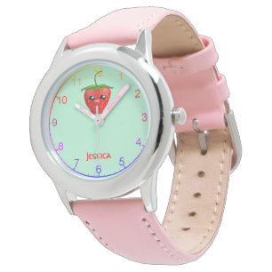 Monogram kawaii strawberry fruit on turquoise watch