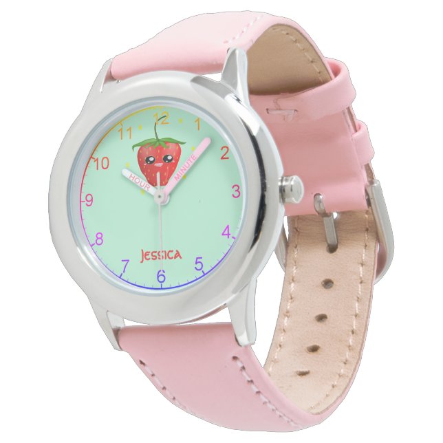 Monogram kawaii strawberry fruit on turquoise watch (Angled)