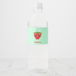 Monogram kawaii strawberry fruit on turquoise water bottle label