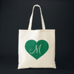 Monogram Kelly Green Heart Tote Bag<br><div class="desc">This tote bag features a kelly green heart with a white monogram initial at its centre.  Personalise by re-sizing/repositioning green heart and/or personalising text/monogram. Great bridesmaid gift.</div>
