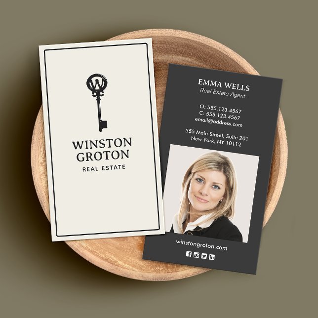 Monogram Key Real Estate Agent Photo Business Card (Creator Uploaded)