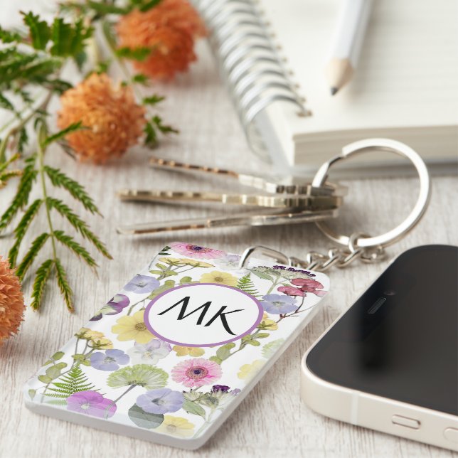Monogram keychain with pastel wildflowers (Front Right)