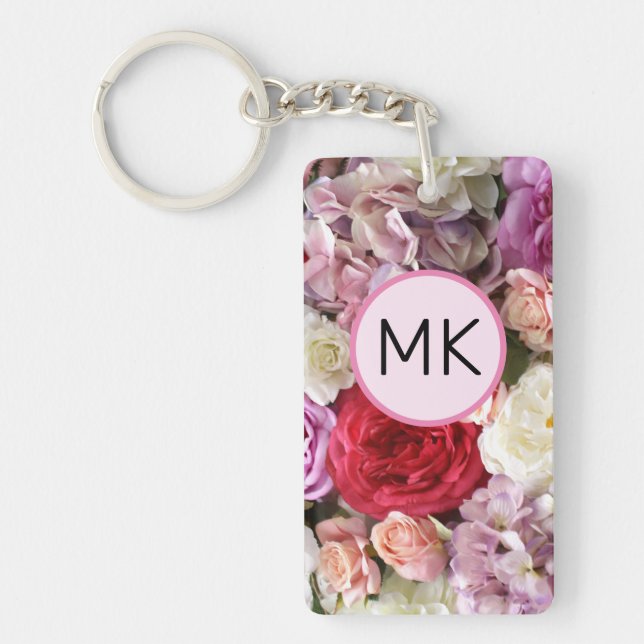Monogram keychain with pink and red flowers (Front)