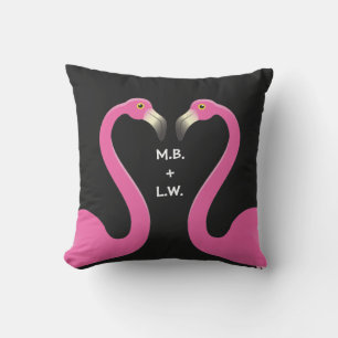 Monogram Kissing Flamingos Pink & Black Pillow