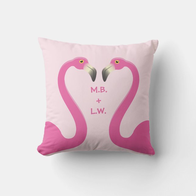 Monogram Kissing Flamingos Pink Outdoor Pillow (Front)