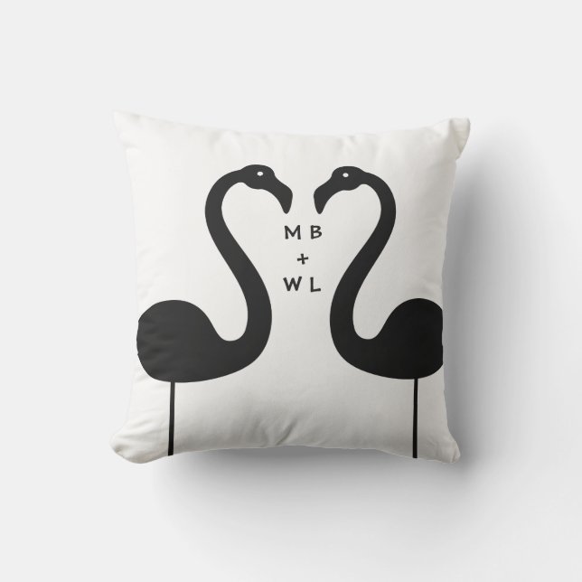 Monogram Kissing Flamingos White Outdoor Pillow (Front)
