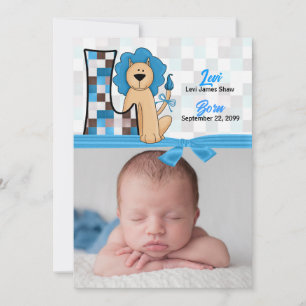 Monogram L Blue Lion New Baby Birth Announcement
