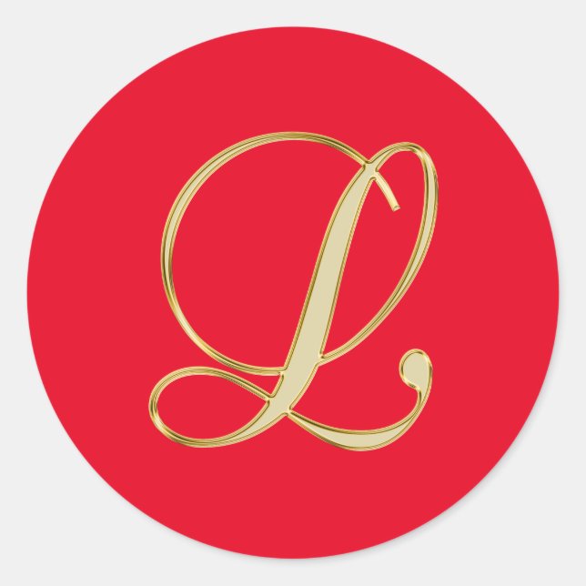 Monogram L gold script on bright red Classic Round Sticker (Front)