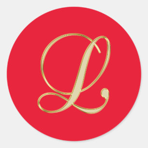 Monogram L gold script on bright red Classic Round Sticker