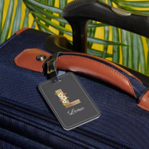 Monogram L gray wood letter flower Luggage Tag