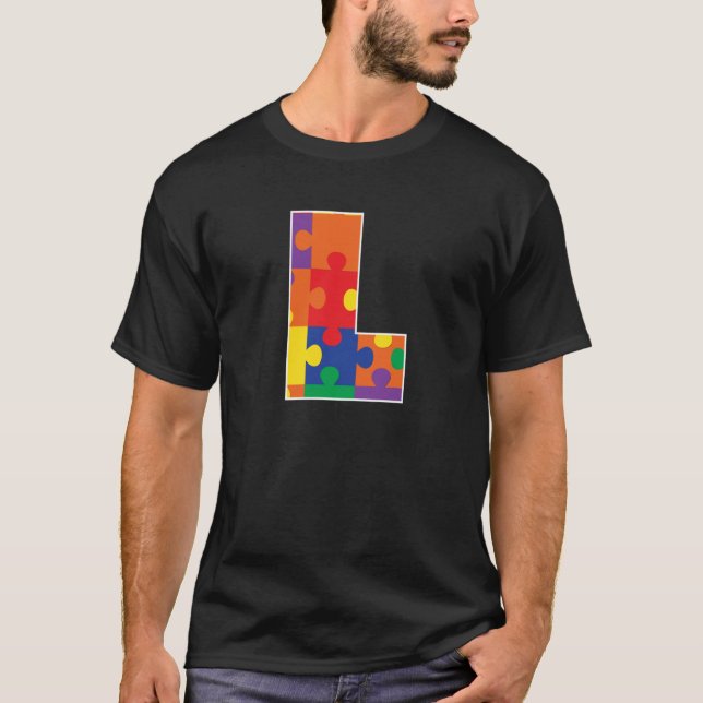 Monogram L in Multi Colour Puzzle Pieces T-Shirt (Front)