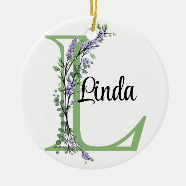 Monogram L Lavender Eucalyptus poster Ceramic Tree Decoration (Front)