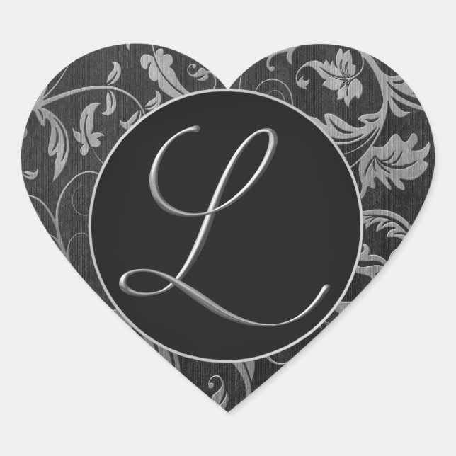 Monogram L Silver and Black Damask Wedding Seal (Front)