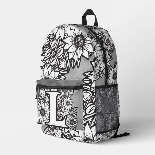 Monogram "L" Sunflower Pattern Black and White DIY Printed Backpack (Back Corner Right)