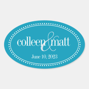 Monogram Label, Aqua, Caroline Wedding Oval Sticker