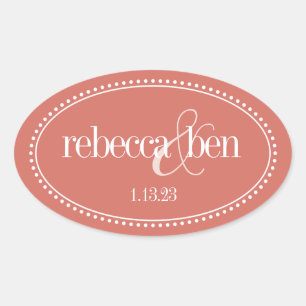 Monogram Label, Coral, Caroline Wedding Oval Sticker