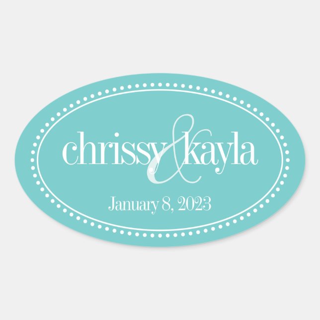 Monogram Label, Turquoise, Caroline Wedding Oval Sticker (Front)