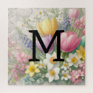 Monogram lace floral pastel pink tulips daffodils jigsaw puzzle