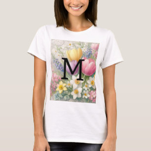 Monogram lace floral pastel pink tulips daffodils  T-Shirt