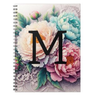 Monogram lace floral pink orange blue peonies  notebook