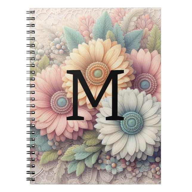 Monogram lace floral pink orange gerbera daisies  notebook (Front)