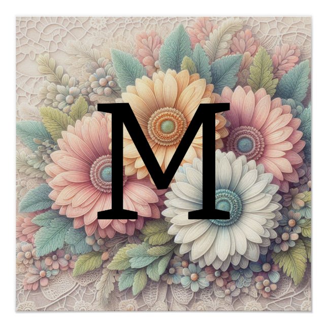 Monogram lace floral pink orange gerbera daisies  poster (Front)