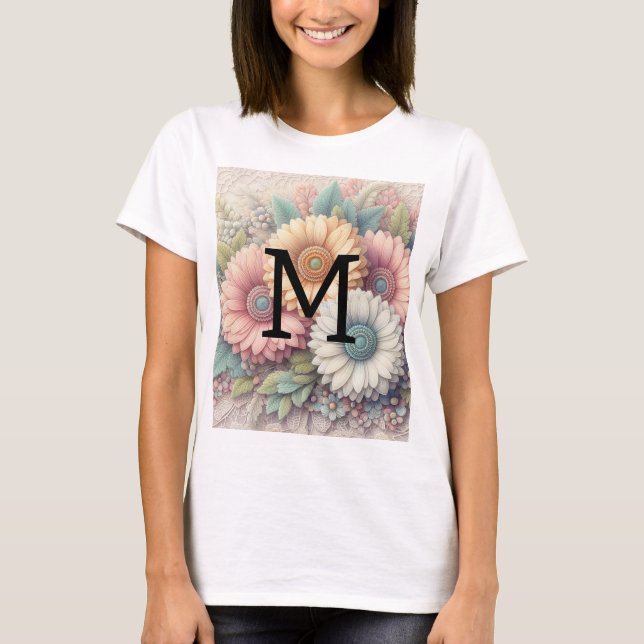 Monogram lace floral pink orange gerbera daisies  T-Shirt (Front)