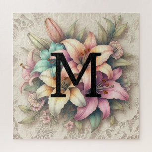 Monogram lace floral pink orange teal lilies  jigsaw puzzle