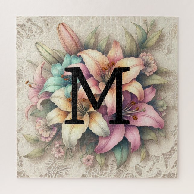 Monogram lace floral pink orange teal lilies  jigsaw puzzle (Vertical)