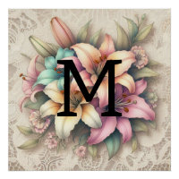 Monogram lace floral pink orange teal lilies