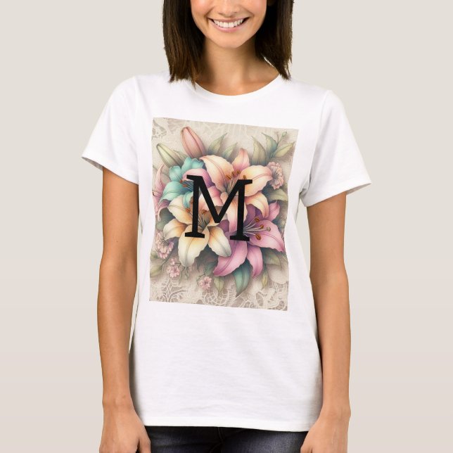Monogram lace floral pink orange teal lilies  T-Shirt (Front)
