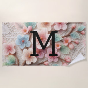 Monogram lace floral pink pastel cherry blossom beach towel