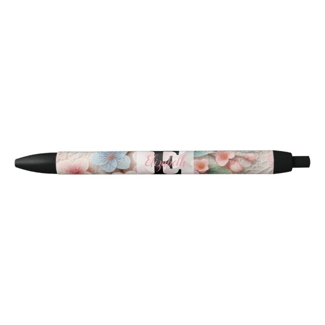 Monogram lace floral pink pastel cherry blossom  black ink pen (Front)