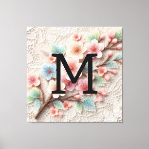 Monogram lace floral pink pastel cherry blossom  canvas print