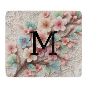 Monogram lace floral pink pastel cherry blossom cutting board