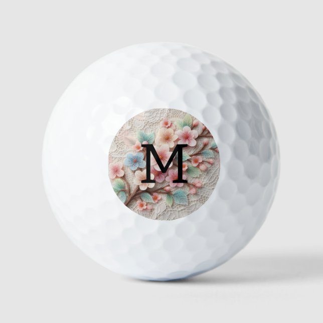 Monogram lace floral pink pastel cherry blossom  golf balls (Front)
