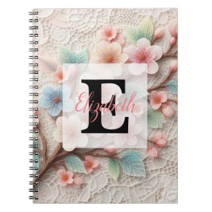 Monogram lace floral pink pastel cherry blossom notebook