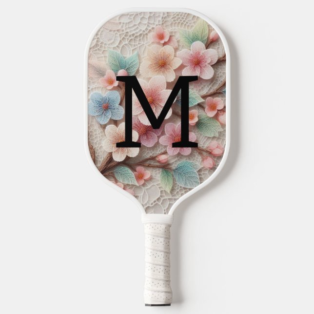 Monogram lace floral pink pastel cherry blossom  pickleball paddle (Front)