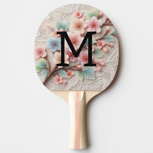 Monogram lace floral pink pastel cherry blossom  ping pong paddle (Front)