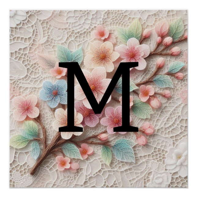 Monogram lace floral pink pastel cherry blossom  poster (Front)