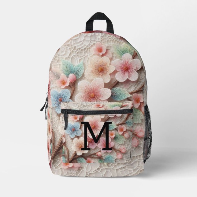Monogram lace floral pink pastel cherry blossom  printed backpack (Front)