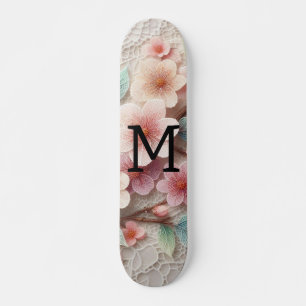 Monogram lace floral pink pastel cherry blossom  skateboard