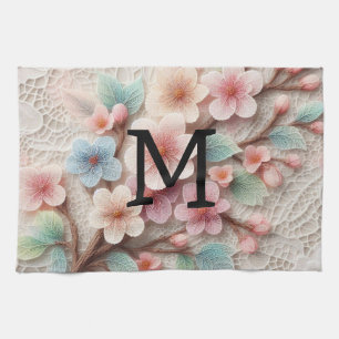 Monogram lace floral pink pastel cherry blossom tea towel