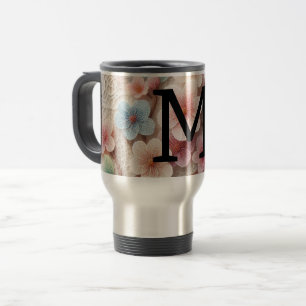 Monogram lace floral pink pastel cherry blossom  travel mug