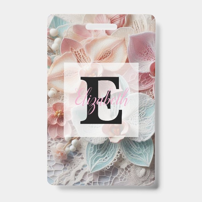 Monogram lace floral pink pastel orchid flowers  ID badge (Front)