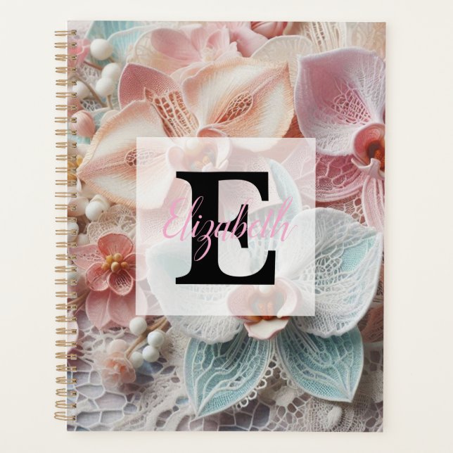Monogram lace floral pink pastel orchid flowers  planner (Front)
